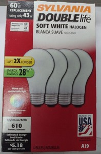 lot 433 image: Sylvania DOUBLElife Soft White Halogen A19 43W 3-Pack