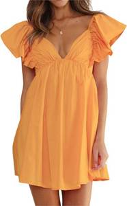 lot 4589 image: Womens Butterfly Flounce Sleeve Bow Tie Back Mini Babydoll Dress, Yellow,Orange Small