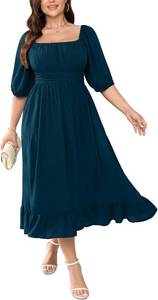 lot 4592 image: Womens Plus Size Maxi Dress Summer Half Lantern Sleeve Square Neck Smocked Flowy A-Line Elegant Wedding Guest Dresses Blue 1XL