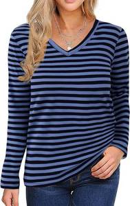 lot 4593 image: LilyCoco Womens Breton Striped Shirt V Neck Long Sleeve Top Casual Loose Fit Tee Blue Striped Large
