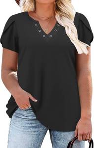 lot 4594 image: DOLNINE Womens Plus Size Tops Basic Casual T-Shirts Ring Hole V Neck Petal Short Sleeve Tee Tunics Black 3XL