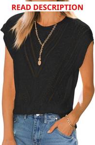 lot 4596 image: Langwyqu Womens Cap Sleeve Tops Summer Crew Neck Shirt Lightweight Crochet Knit Sweater Apricot Large