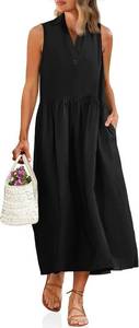 lot 4600 image: Womens Sleeveless Maxi Shirt Dress Casual Loose Collared V Neck Long Summer Dresses Black Large