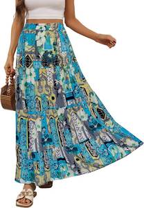 lot 4601 image: Berydress Long Skirts for Women Trendy Elastic Waist Flowy Summer Ankle Length Boho Flared A Line Tiered Maxi Skirt