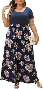 lot 4602 image: Nemidor Plus Size Maxi Dresses for Curvy Women Casual Short Sleeve Chevron Print Long Dress with Pocket Black Peony 24
