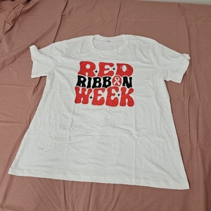 lot 4607 image: ELDPS Women Red Ribbon Week ShirtRed Ribbon Week Awareness T-Shirt Prevention Short Sleeve Tops White XXL