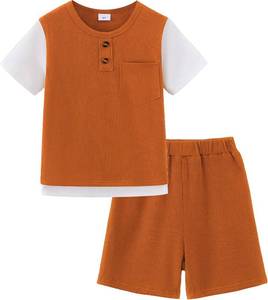lot 4612 image: Rosibel Toddler Boy Clothes Color Block Button-Up Kids Clothes Boys Summer Outfits with Pocket Boys Clothing Sets Brown 5 Years