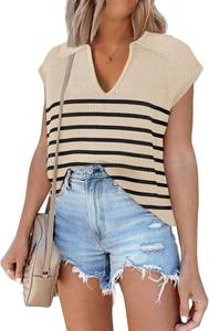 lot 4613 image: ETCYY Cap Sleeve Sweater Vests for Women Spring Outfits Crochet Summer Tops Short Sleeve Sweater Shirt Blouse, Small, Stripe Khaki