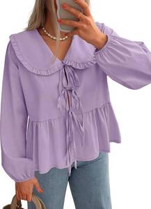 lot 4617 image: ZESICA Womens Tie Front Peplum Tops Long Puff Sleeve Lapel Collar Cute Babydoll Blouses Shirts Baby Blue Large