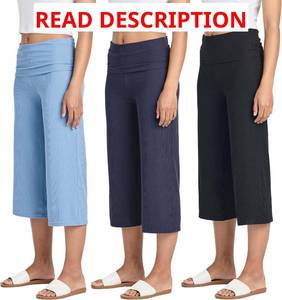 lot 4619 image: Real Essentials 3 Pack Womens Ribbed Foldover Wide Leg Loose Capri Open Bottom Yoga Lounge Pants Black Purple and Sage Small