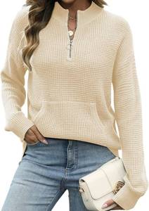 lot 4622 image: VIMPUNEC Womens Quarter Zip Casual Sweater Fall Waffle Knit Mock Neck Long Sleeve Pullover Top Outfit Apricot Medium