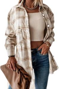 lot 4628 image: StunShow Women Plaid Shirt Button Down Flannel Shacket Long Sleeve Coat Jacket Tops Trendy Khaki Large