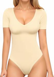 lot 4630 image: MANGOPOP Womens Long Sleeve Short Sleeve Bodysuit Sexy V Neck Body Suits Fitted Fall Going Out Tops Tan Medium