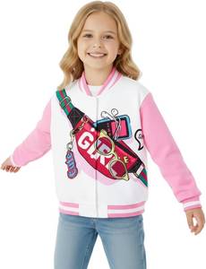 lot 4638 image: PATPAT Girls Varsity Baseball Jacket Size 3-10 Years Bomber Coat Casual Lightweight Button up Color Block with Pockets. White 3-4 Years