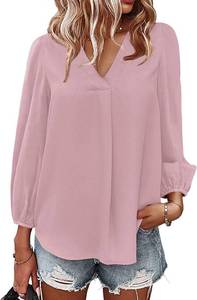 lot 4650 image: Spriolim Long Sleeve Casual Shirt for Women Dressy Top V Neck Pleated Top Loose Chiffon Blouses Light Pink Medium
