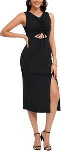lot 4656 image: DNFUN Womens Casual Sleeveless Cutout Twist Front Side Slit Ribbed Knit Party Bodycon Midi Dresses Black Medium