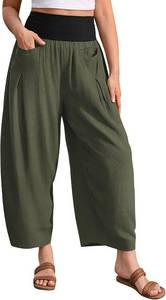 lot 4659 image: TARSE Womens Linen Harem Pants Loose Fit Boho Casual Trousers Wide Leg Lounge Pants with Pockets Green XXL