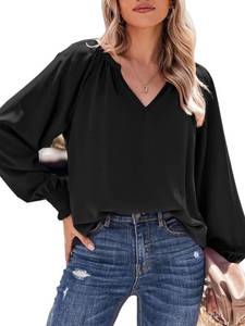 lot 4661 image: Womens Blouses Dressy Casual Fashion Smocked Long Lantern Sleeve V Neck Chiffon Shirts Tops Spring Outfits Clothes Black Small