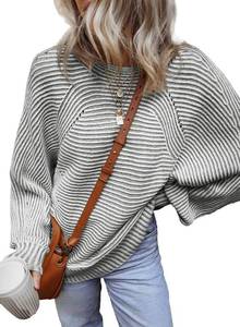 lot 4667 image: EVALESS Womens Striped Sweaters Fall Outfits Tops for Women Trendy 2025 Business Casaul Work Clothes Oversized Crewneck Off Shoulder Grey Sweaters Long Sleeve Sweatshirts Winter Crochet Tops, Medium