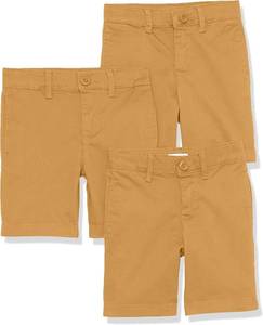 lot 4672 image: 3 Pack Boys and Toddlers School Uniform Woven Flat-Front Shorts with Elastic Waist Tan 7 year