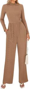lot 4674 image: BTFBM Jumpsuits For Women Dressy Long Sleeve Wide Pants Rompers Mock Neck Ruched Casual Spring One Piece Jumpsuit Tan Medium
