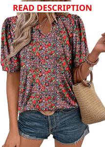 lot 4675 image: KISSMODA Womens Tunic Tops Casual V Neck Short Sleeve T Shirts Puff Sleeve Ruffle Blouses Blue Garden Small