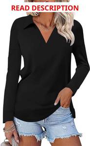 lot 4678 image: Womens Casual Polo Shirts Long Sleeve V Neck Collared Work Tops Ladies Tunics Tees Business Blouse Light Blue Medium