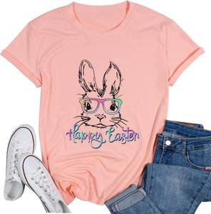lot 4687 image: Easter Shirts for Women Bunny Shirts Cute Rabbit Graphic Tee Christian T-Shirt Faith Tee Summer Short Sleeve Shirts Cherry Pink Large