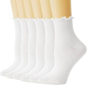 lot 4692 image: TOAMOUR Womens Ruffle Socks, 6 Pairs White Lettuce Edge Turn-Cuff Cotton Frilly Ankle Crew Boot Socks