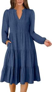 lot 4701 image: Womens V Neck Long Sleeve Midi Dress Fall Fashion Casual Loose Fit Flowy Swing Tiered Beach Vacation Dresses Blue Large