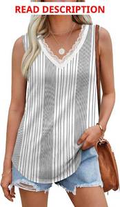 lot 4702 image: XIEERDUO Womens Lace V Neck Tank Tops Summer Spring Sleeveless Shirts Casual Flowy Clothes Trendy Outfits White with Black stripes Medium
