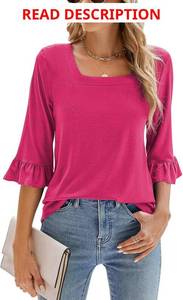 lot 4708 image: Poetsky Womens Casual 34 Sleeve Tops Summer Square Neck T Shirts Ruffle Loose Fit Tunic Blouses Light Pink Large