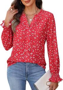 lot 4709 image: CiCiBird Womens Casual V Neck Blouses Button Down Shirts Long Sleeve Floral Print Business Work Tops Red Medium