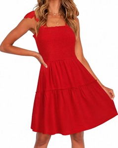 lot 4712 image: ZESICA Womens Summer Sleeveless Ruffle Tiered Layered Mini Dresses 2025 Square Neck Smocked Short Beach Sundress Red Medium