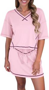 lot 4714 image: Fisoew Womens 2 Piece Skirt Set Summer Short Sleeve Tops Tennis Skirts Casual Sweatsuits Vacation Outfits Lounge Sets Pink Small