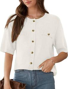 lot 4716 image: Womens Summer Button Down Shirts Casual Short Sleeve Crew Neck Ribbed Knit Blouse Open Front Work Cardigans Ivory Medium