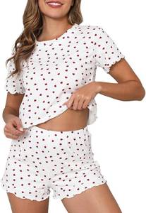 lot 4719 image: Pajamas for Women Set 2 Piece Cotton Loungewear Short Sleeve Tops and Shorts Soft&Comfortable Summer Cute Sleepwear Small