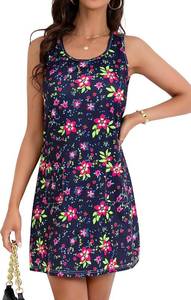 lot 4722 image: CAMSSOO Womens Summer Dresses Casual Sleeveless Beach Dress Loose Scoop Neck Boho Floral Sundresses with Pockets Black with Multicolor Flowers Medium