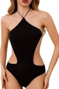 lot 4773 image: MakeMeChic Womens Halter Tops Casual Cut Out Bodysuit Sexy Sleeveless Backless Asymmetrical Leotard Bodysuit Black Large