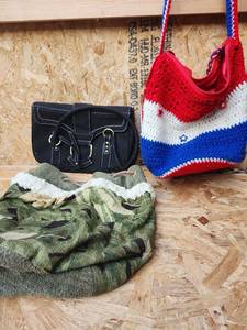 lot 307 image: Lot of 3 Handbags Black Shoulder Bag, Red White Blue Crochet Tote, Green Camouflage Drawstring Bag