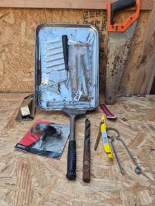 lot 339 image: Hand Tool Lot with Drill Pump, Pry Bars, Chisels, Scrapers and Metal Tray