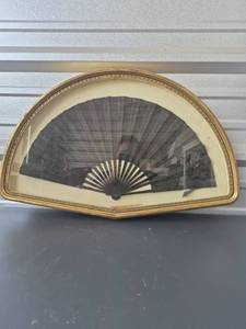 lot 366 image: Folding Fan in Dome Display Case with Gold Frame