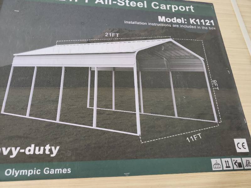 lot 6542 image: Unused KJ 11ft x 19ft All-Steel Carport  Model K1121  Overhanging Sloped Roof