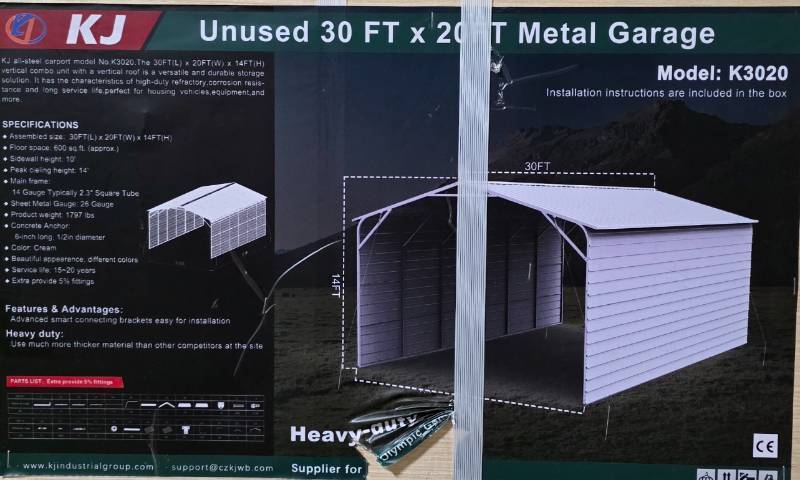 lot 6549 image: Unused KJ 30ft x 20ft Metal Garage  K3020  14ft Peak Height