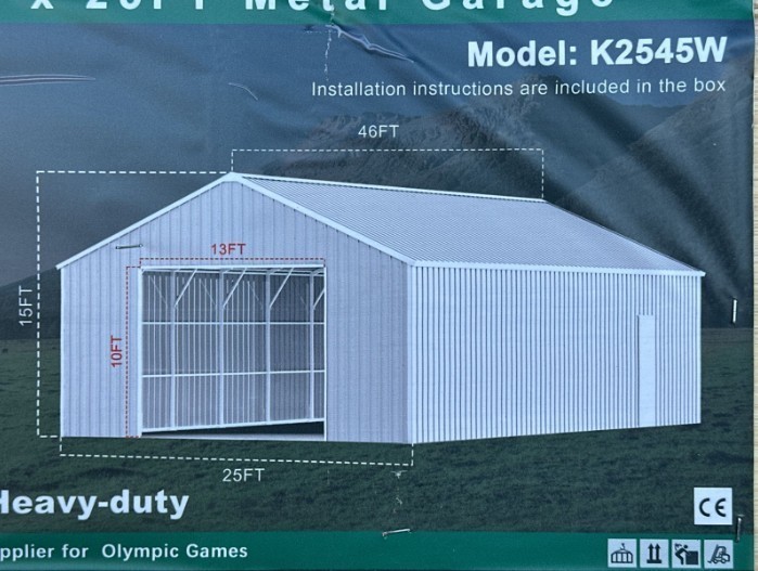 lot 6585 image: Unused KJ 46 FT x 25 FT Metal Garage  Model K2545W  Approximately 1,125 sq. ft. of Interior Space