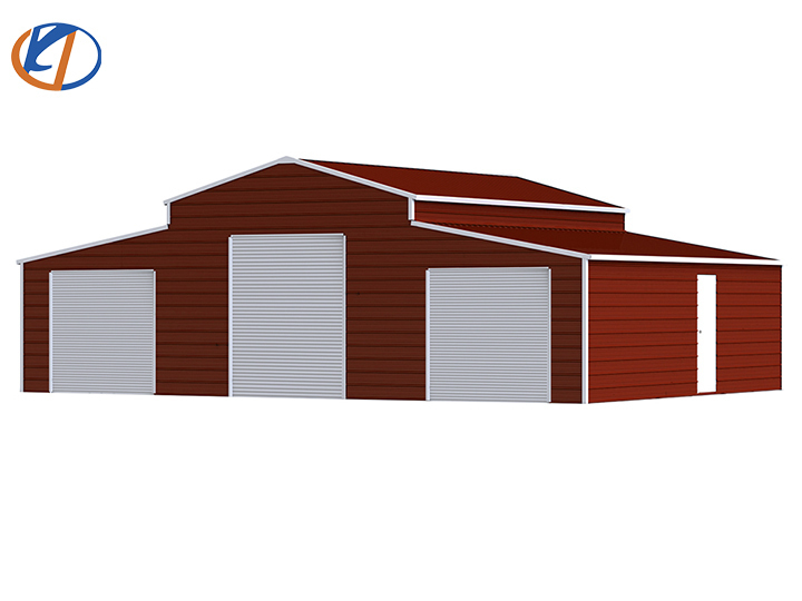 lot 6590 image: Unused KJ 42ft X 30ft X 13ft Heavy Duty Metal Barn - Storage Shed - K4230G - Red Brown - 3 Rolling Doors - 1 Side Entry Door - 1 Sliding Window