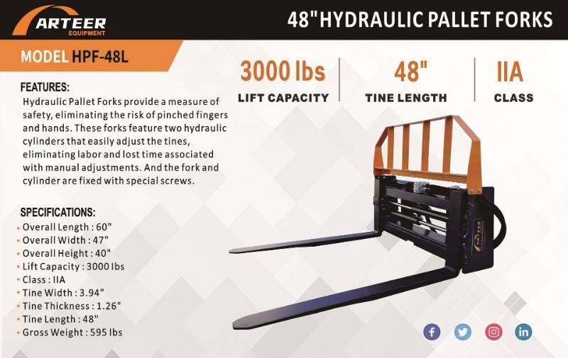 lot 4052 image: Unused Arteer Skid Steer Hydraulic Pallet Fork  HPF-48L