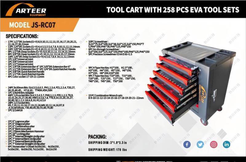 lot 4090 image: Unused ARTEER Tool Cart with 258 PCS EVA Tool Set  JS-RC07 - Professional Rolling Tool Cabinet Complete with 258-piece EVA Tool Set. Includes Sockets, Wrenches, Pliers, and a Variety of Essential Hand Tools