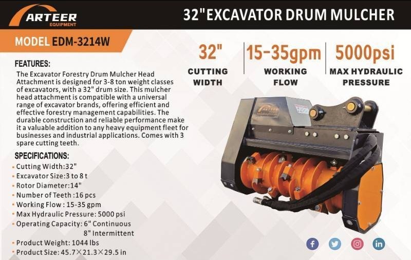 lot 4165 image: Unused Arteer 32in Excavator Drum Mulcher  EDM-3214W  Working Flow 15-35gpm - Fits 3 to 8 Ton Excavators