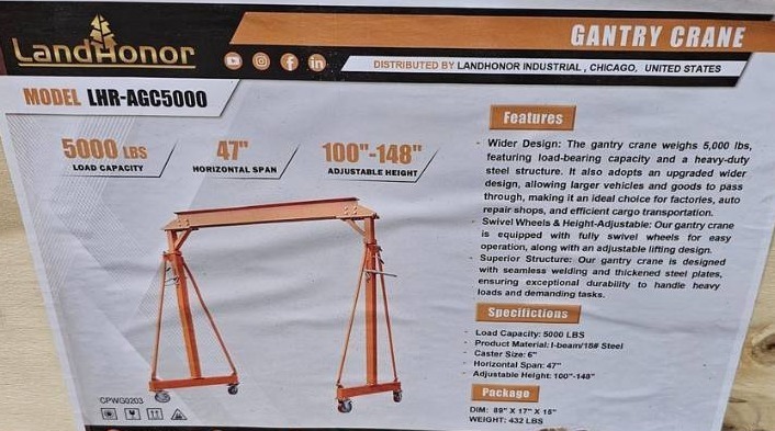 lot 3113 image: Unused LandHonor Gantry Crane  LHR-AGC5000  5000lbs Portable rolling design with adjustable height and heavy-duty steel frame for warehouse, shop, and construction applications.